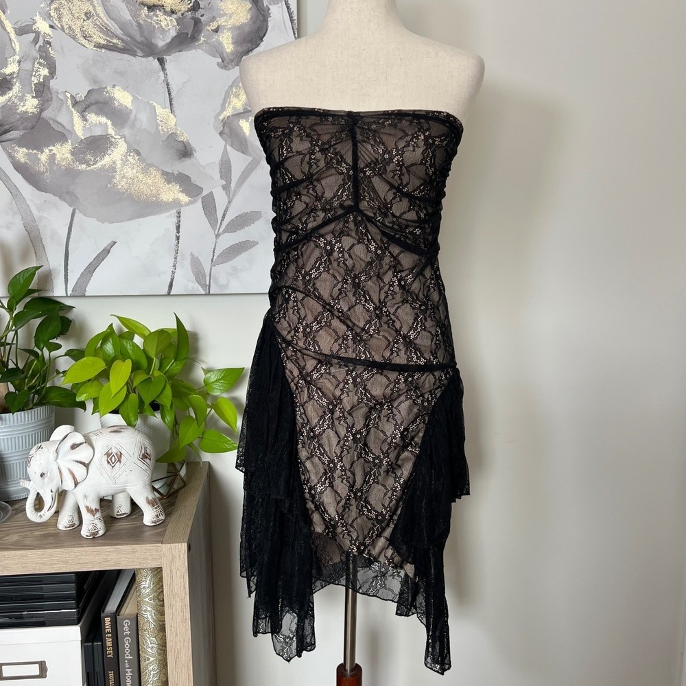 Black Lace Strapless Sheer Midi Dress Whimsigoth Dark Fairy Grunge Vamp Romantic